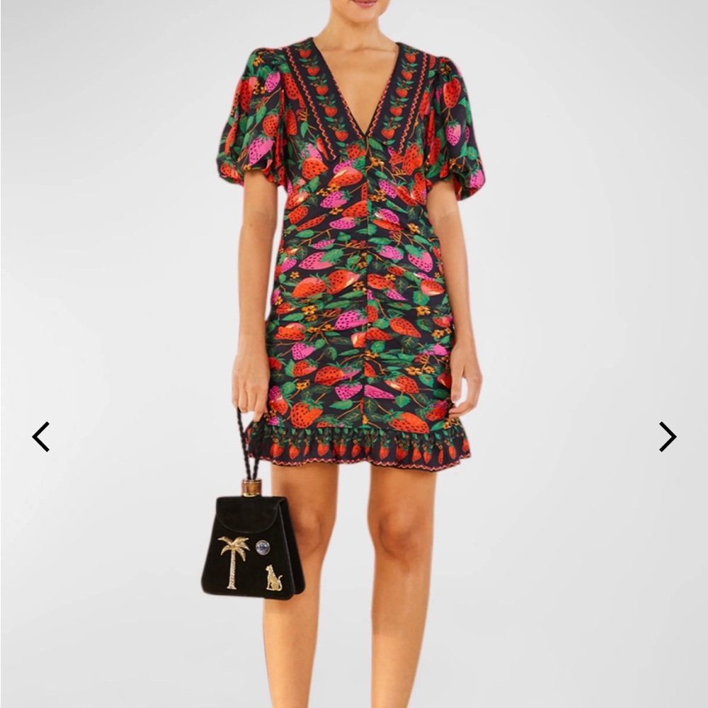 FARM Rio M Lady Strawberry Mini Dress Ruching Puffed Sleeve V Neck Party Printed